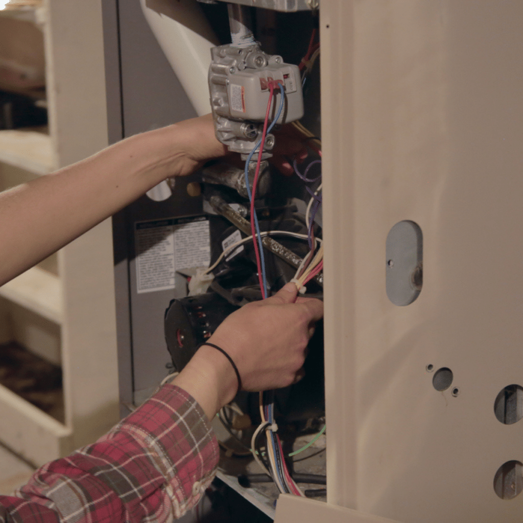 Hands adjusting wiring in the interior of a furnace