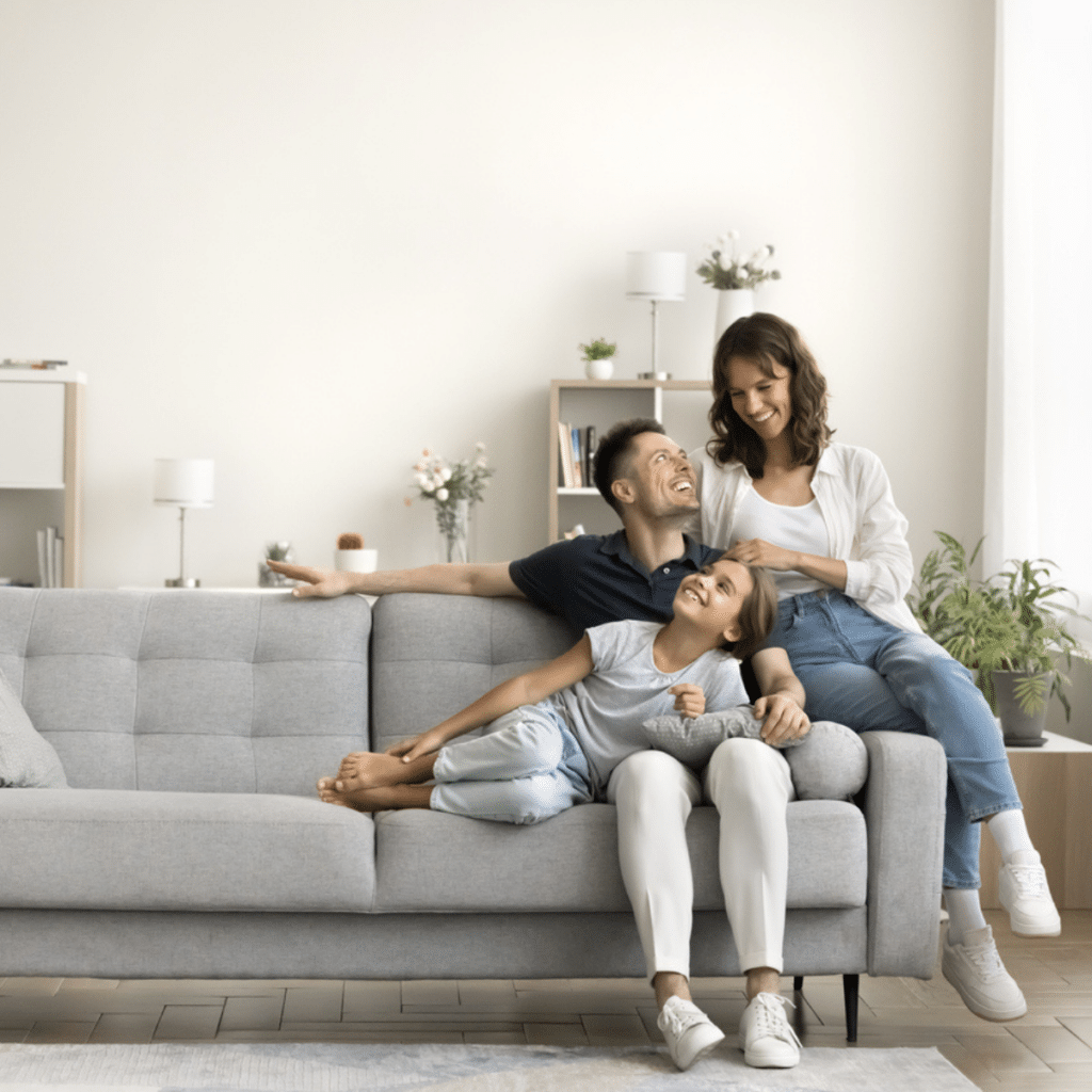 A family of three sitting on a gray couch, enjoying a comfortable and cozy living room atmosphere